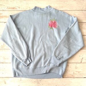 Carreau Sport M Blue Turtleneck Crewneck Sweatshirt Pink Rose Embroidery Medium